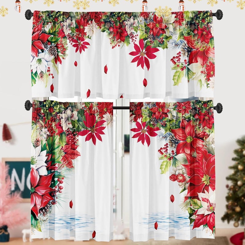 SUNWISHA Christmas Poinsettia Curtain Valances 3 Piece Set Upper Curtain 52'' Lx18'' W & Lower Curtain 36'' L X 26'' W X2 Kitchen Windows Decor Red - Image 1